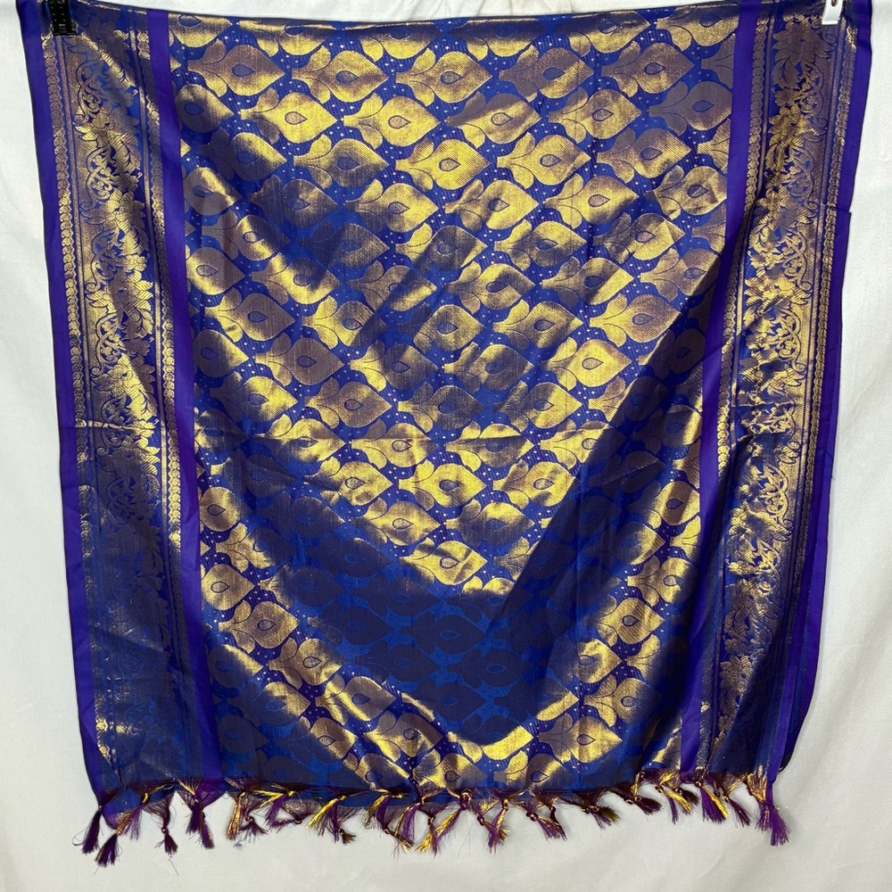 NWOT metallic gold thread and deep Blue Woven Silk Scarf.  35" x 50" plus fringe